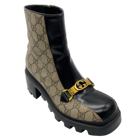 GUCCI DARK BEIGE GG SUPREME HORSEBIT INTERLOCKING G ANKLE BOOTS - Picture 1 of 10